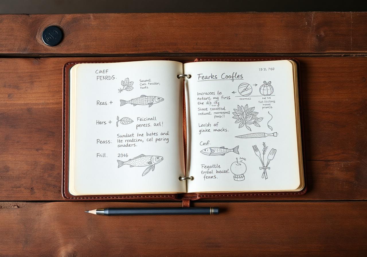 Chef's notebook with handwritten ingredient sketches