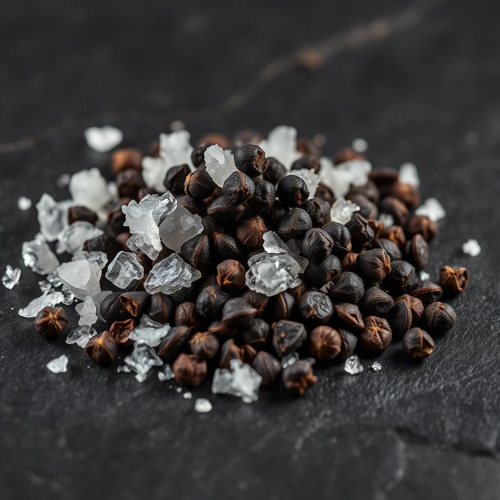 Coarse sea salt and cracked peppercorns on dark stone